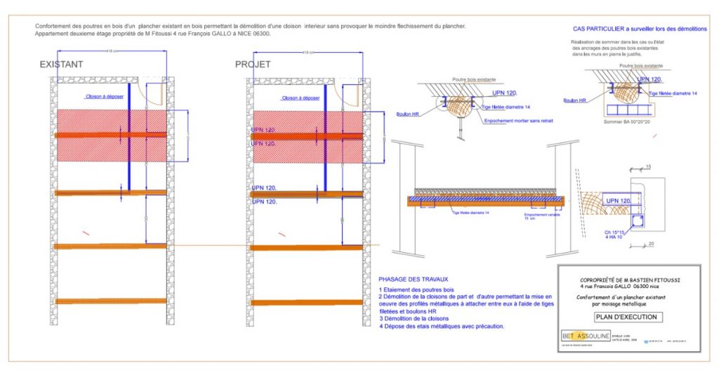 Renforcement des poutres existantes en bois par la structure métallique. Démolition d'une cloison à Villeneuve-Loubet. - Renforcement des poutres