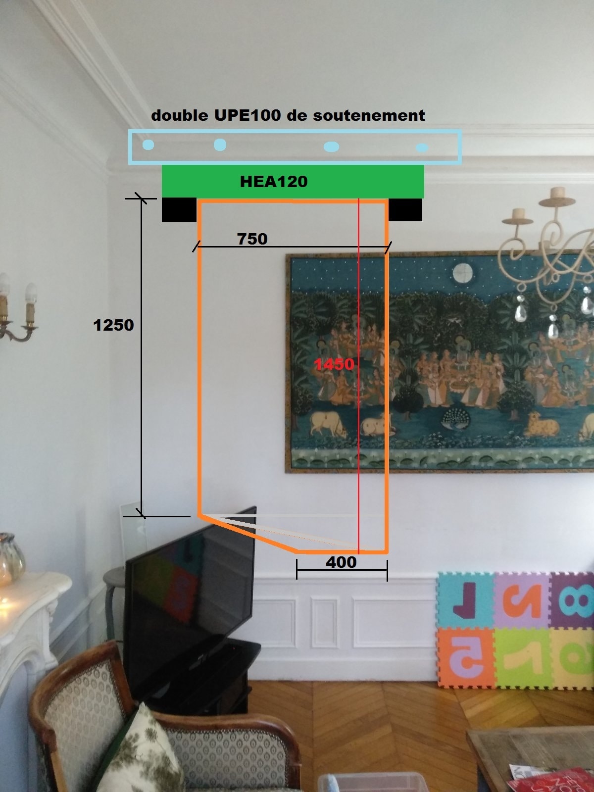 Ouverture d’une baie dans un mur porteur. Renforcement par structure métallique à Lagny-sur-Marne. - Agrandissement d'une baie