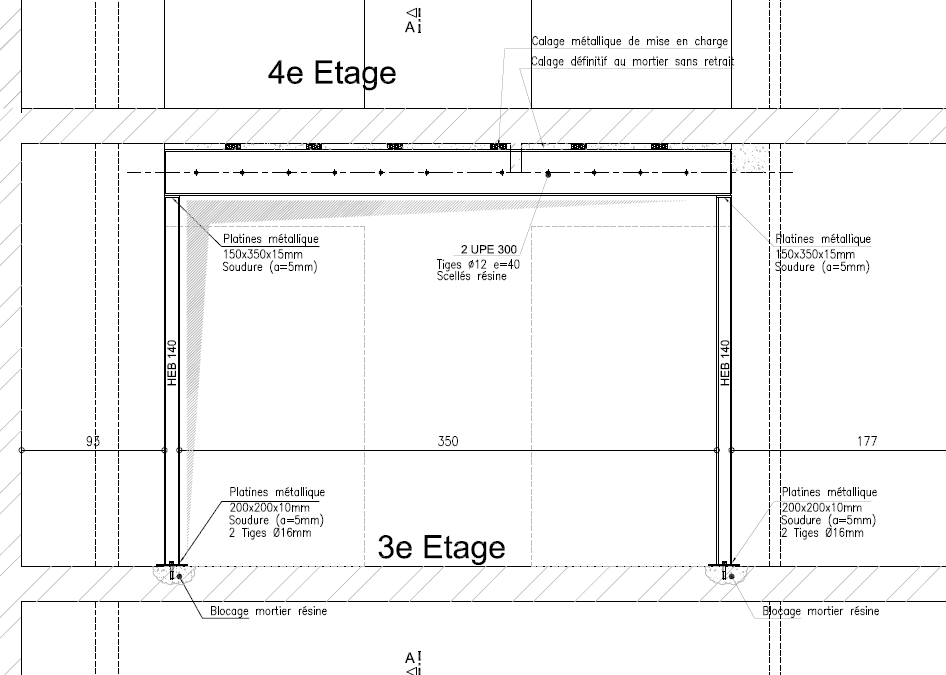 Agrandissement d'une baie dans un mur porteur en BA. Renforcement par structure en métal à Clichy. - Structure métallique