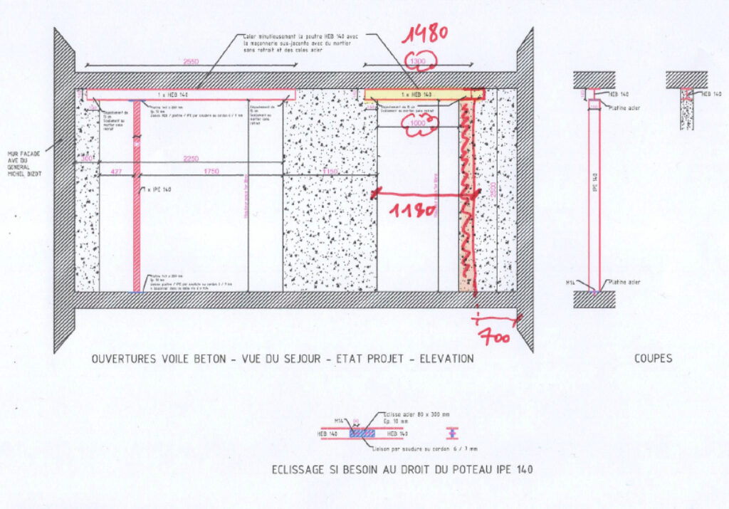 Création de deux baies dans un mur porteur en voile béton. Renforcement par structure métallique à Toulon - Agrandissement d'une baie