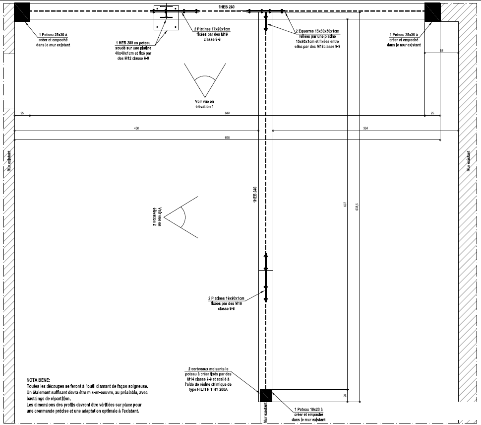 Démolition des murs porteurs. Renforcement par la structure en métal. Création de poteaux en BA à Gourdon. - Murs porteurs