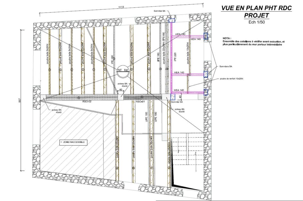 Reprise de plancher par structure en bois et métal dans la banque BNP PARIBAS au Lavandou - Structure métallique