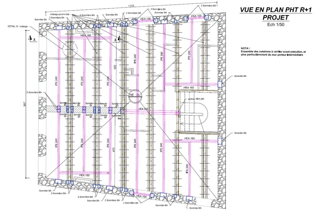 Reprise de plancher par structure en bois et métal dans la banque BNP PARIBAS au Lavandou - Structure en bois